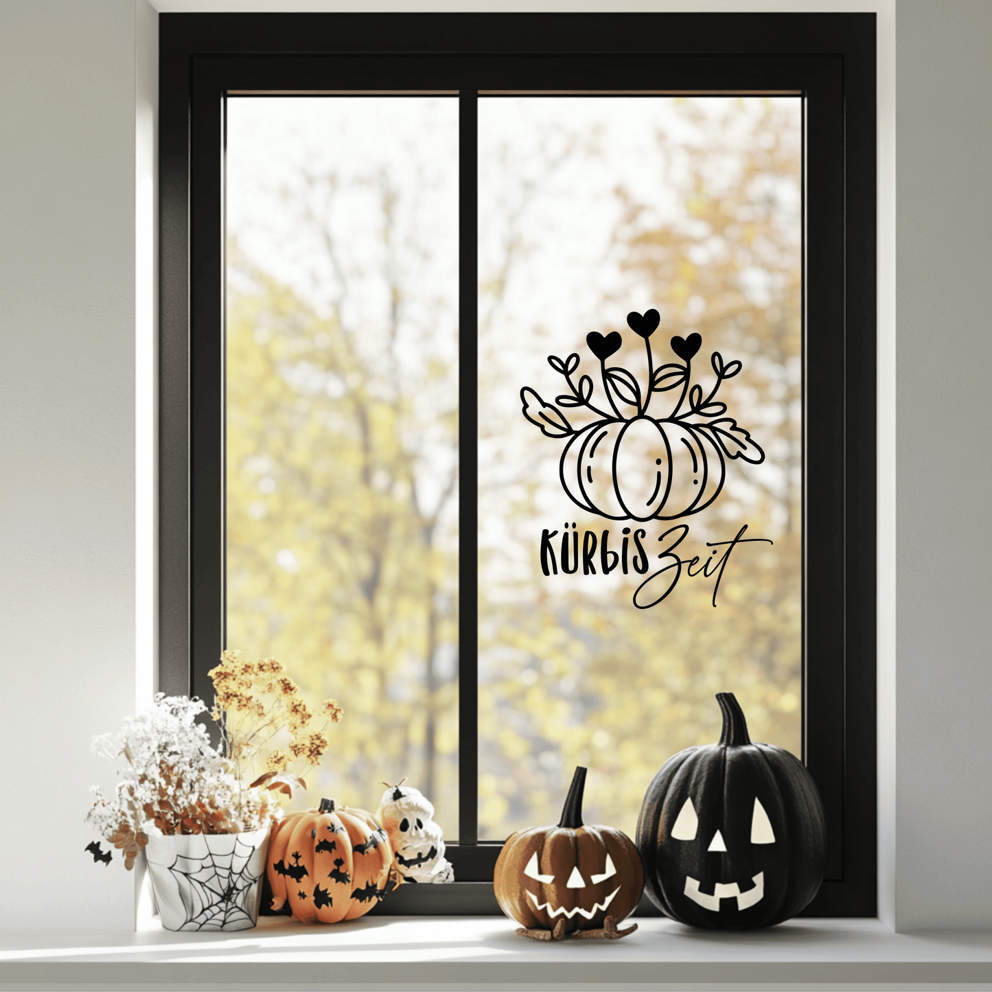 Fensterbild Kürbis mit Herzchen Kürbiszeit Sticker Aufkleber herbstliche Fensterdekoration 2 Farben 3 Größen