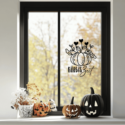 Fensterbild Kürbis mit Herzchen Kürbiszeit Sticker Aufkleber herbstliche Fensterdekoration 2 Farben 3 Größen