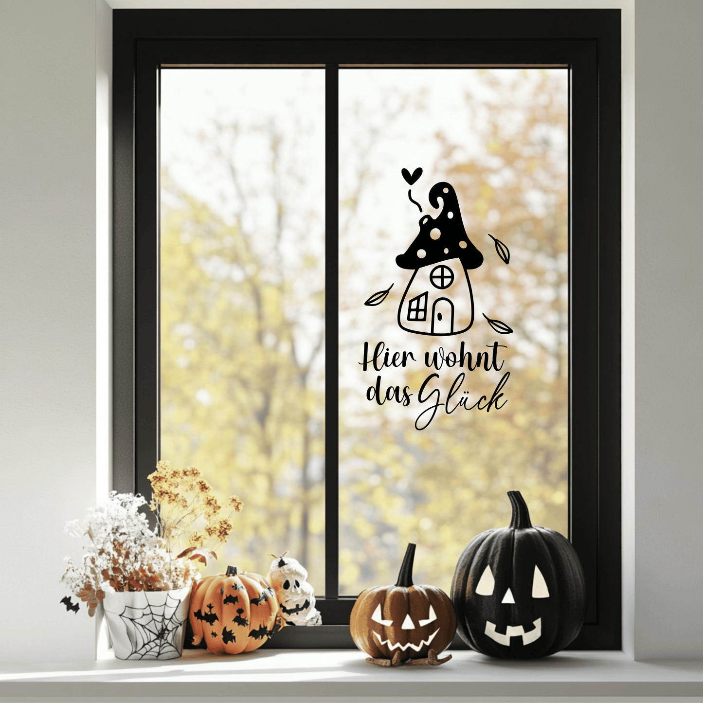 Fensterbild Herbst Hier wohnt das Glück Pilzhaus Sticker Aufkleber herbstliche Fensterdekoration 2 Farben 3 Größen