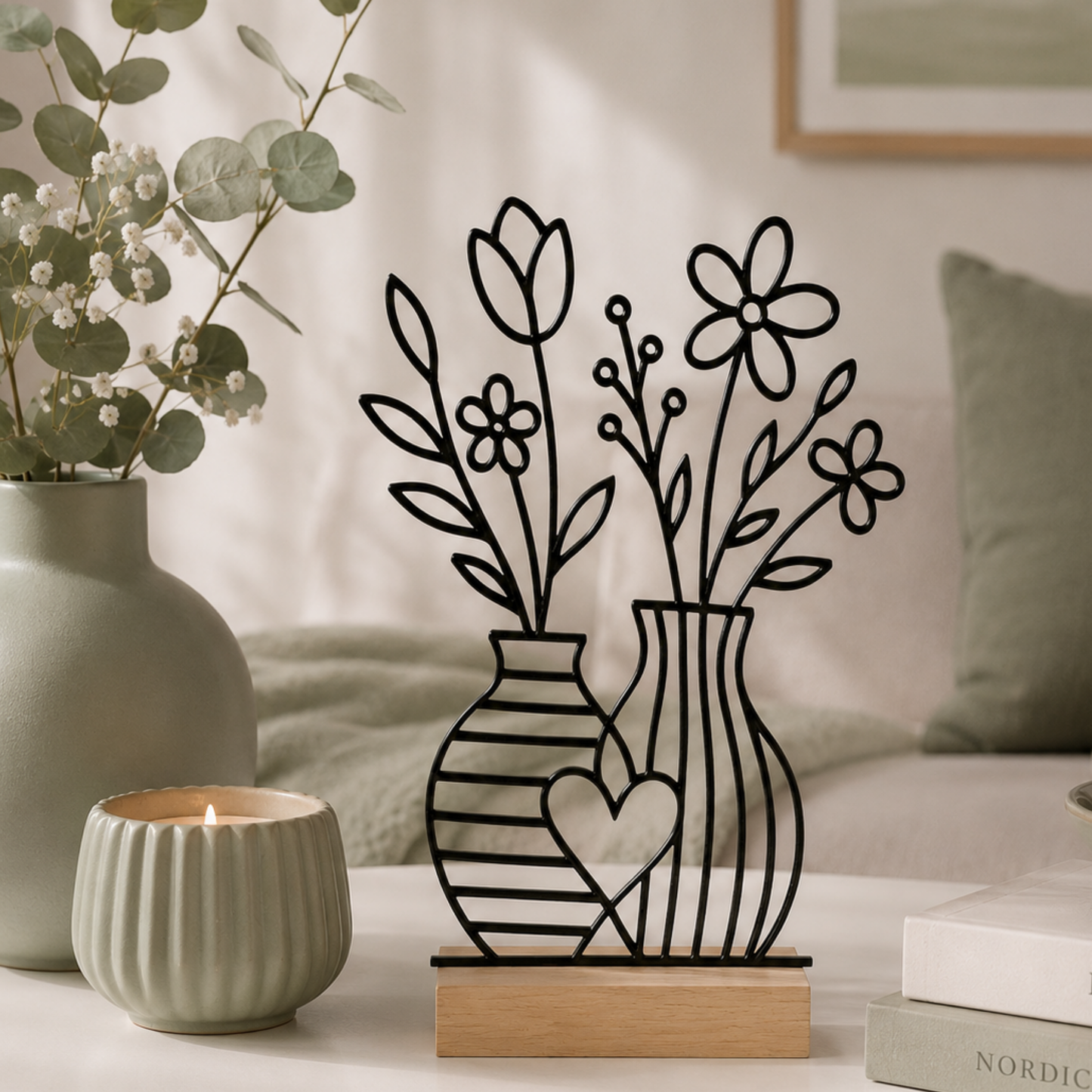 Line Art Blumen Aufsteller | Moderne Dekoration mit 3D Druck erstellt  | Minimalistische Deko mit Holzsockel