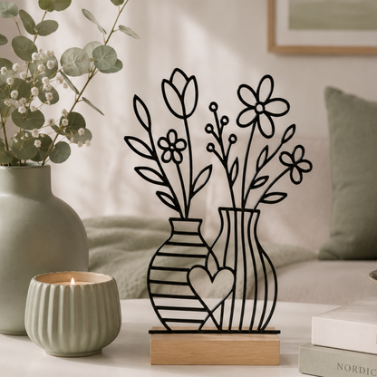 Line Art Blumen Aufsteller | Moderne Dekoration mit 3D Druck erstellt  | Minimalistische Deko mit Holzsockel