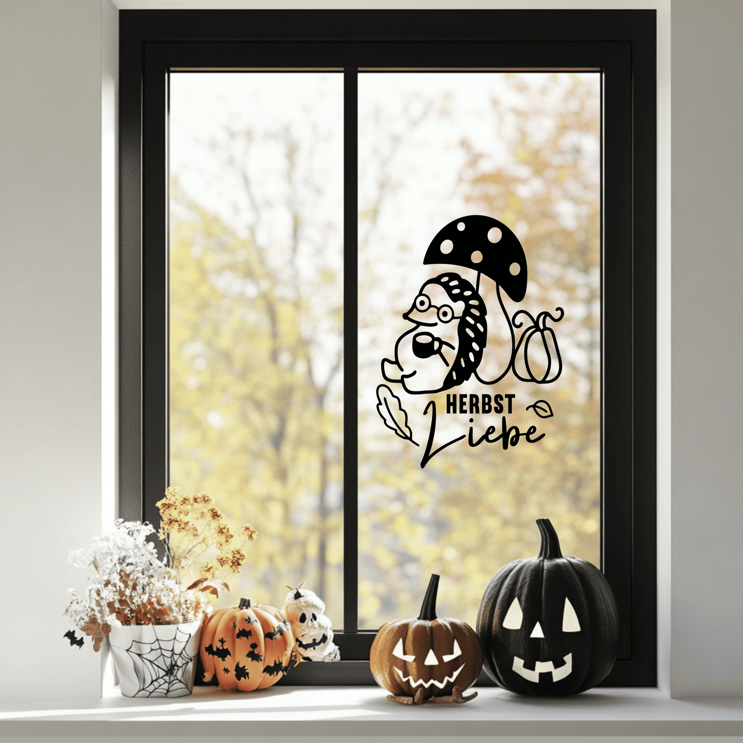 Fensterbild Herbst Igel Pilz Kürbis Herbstliebe Sticker Aufkleber herbstliche Fensterdekoration 2 Farben 3 Größen