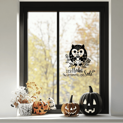 Fensterbild Herbst Eule mit Spruch Sticker Aufkleber herbstliche Fensterdekoration 2 Farben 3 Größen