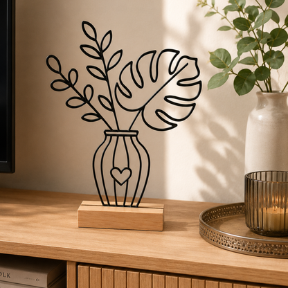 Line Art Blumen Aufsteller Monstera | Moderne Dekoration mit 3D Druck erstellt  | Minimalistische Deko mit Holzsockel