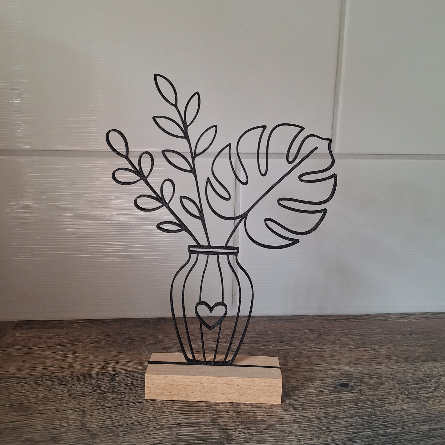 Line Art Blumen Aufsteller Monstera | Moderne Dekoration mit 3D Druck erstellt  | Minimalistische Deko mit Holzsockel