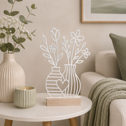 Line Art Blumen Aufsteller | Moderne Dekoration mit 3D Druck erstellt  | Minimalistische Deko mit Holzsockel
