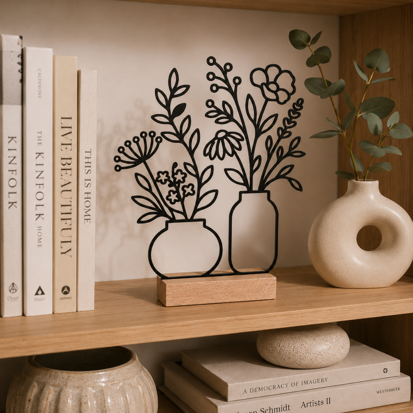 Line Art Blumen Aufsteller  | Moderne florale Dekoration mit 3D Druck erstellt  | Minimalistische Deko mit Holzsockel