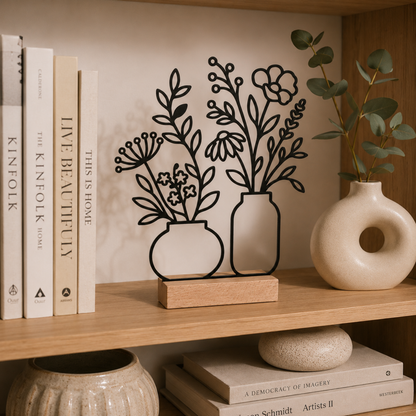 Line Art Blumen Aufsteller  | Moderne florale Dekoration mit 3D Druck erstellt  | Minimalistische Deko mit Holzsockel
