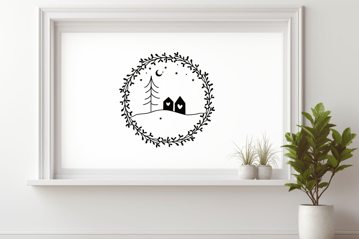 Fensterbild Weihnachten Kranz mit Haus in minimalistischem,  skandinavischen Stil