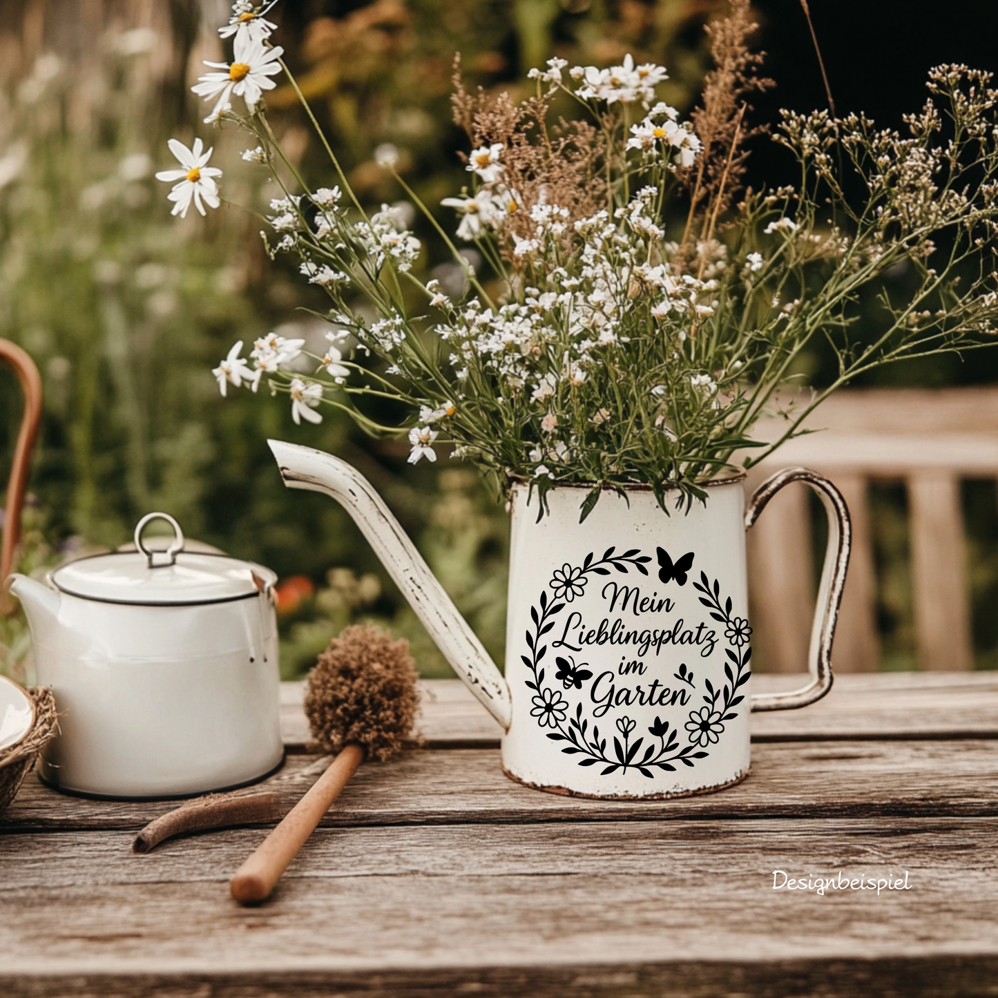 Fensterbild Mein Lieblingsplatz im Garten“ – Vinyl Aufkleber Blumenkranz