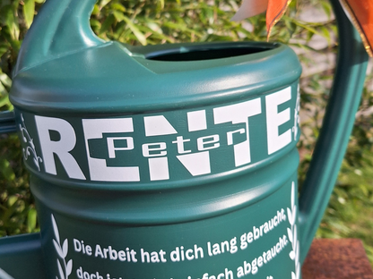 Rente Geschenk Ruhestand Gießkanne personalisiert mit Namen und Spruch Landhausstil Grün 10 Liter