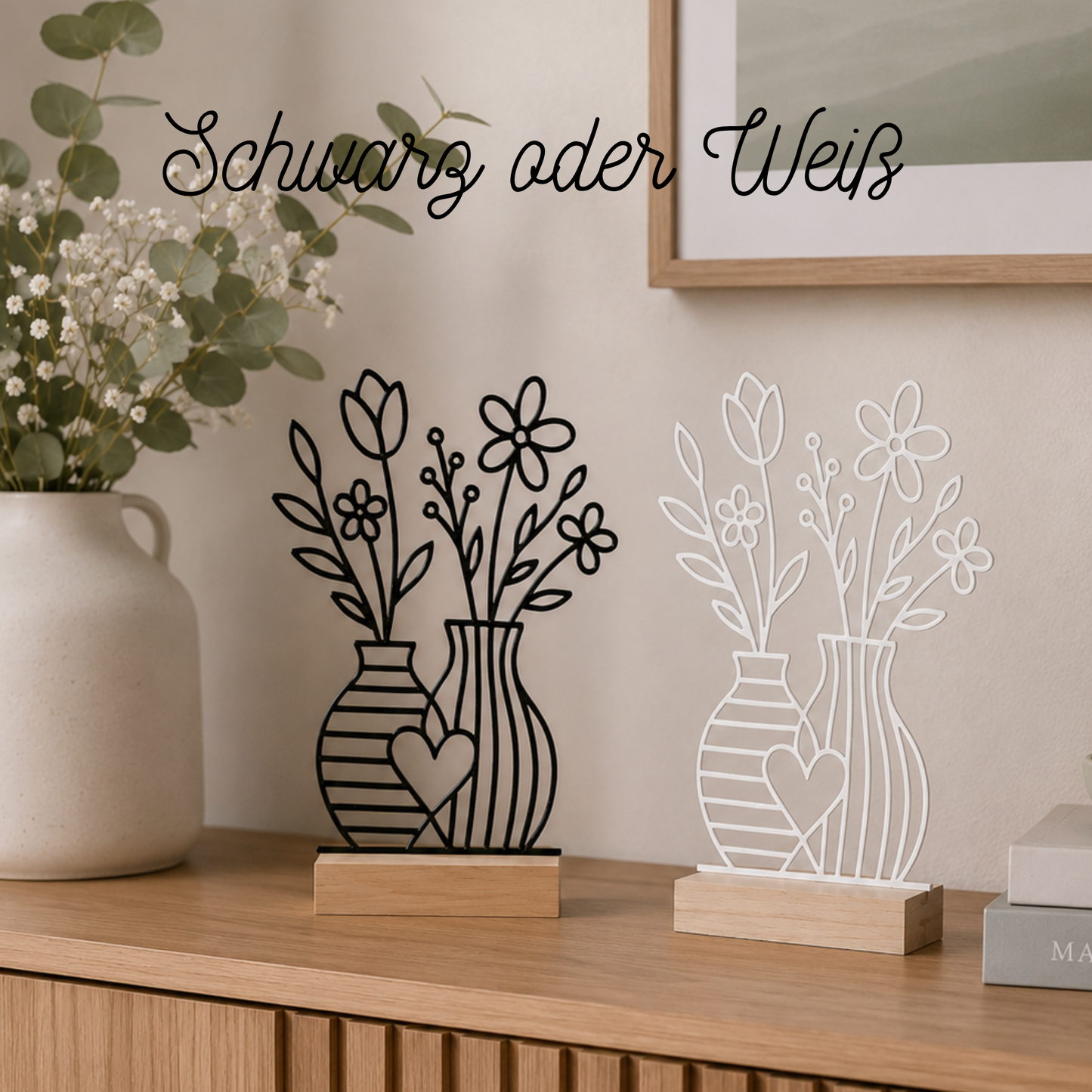 Line Art Blumen Aufsteller | Moderne Dekoration mit 3D Druck erstellt  | Minimalistische Deko mit Holzsockel