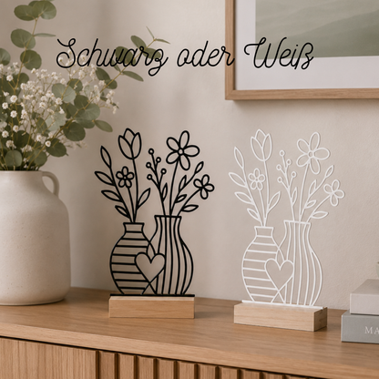 Line Art Blumen Aufsteller | Moderne Dekoration mit 3D Druck erstellt  | Minimalistische Deko mit Holzsockel