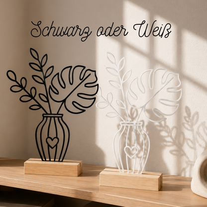 Line Art Blumen Aufsteller Monstera | Moderne Dekoration mit 3D Druck erstellt  | Minimalistische Deko mit Holzsockel