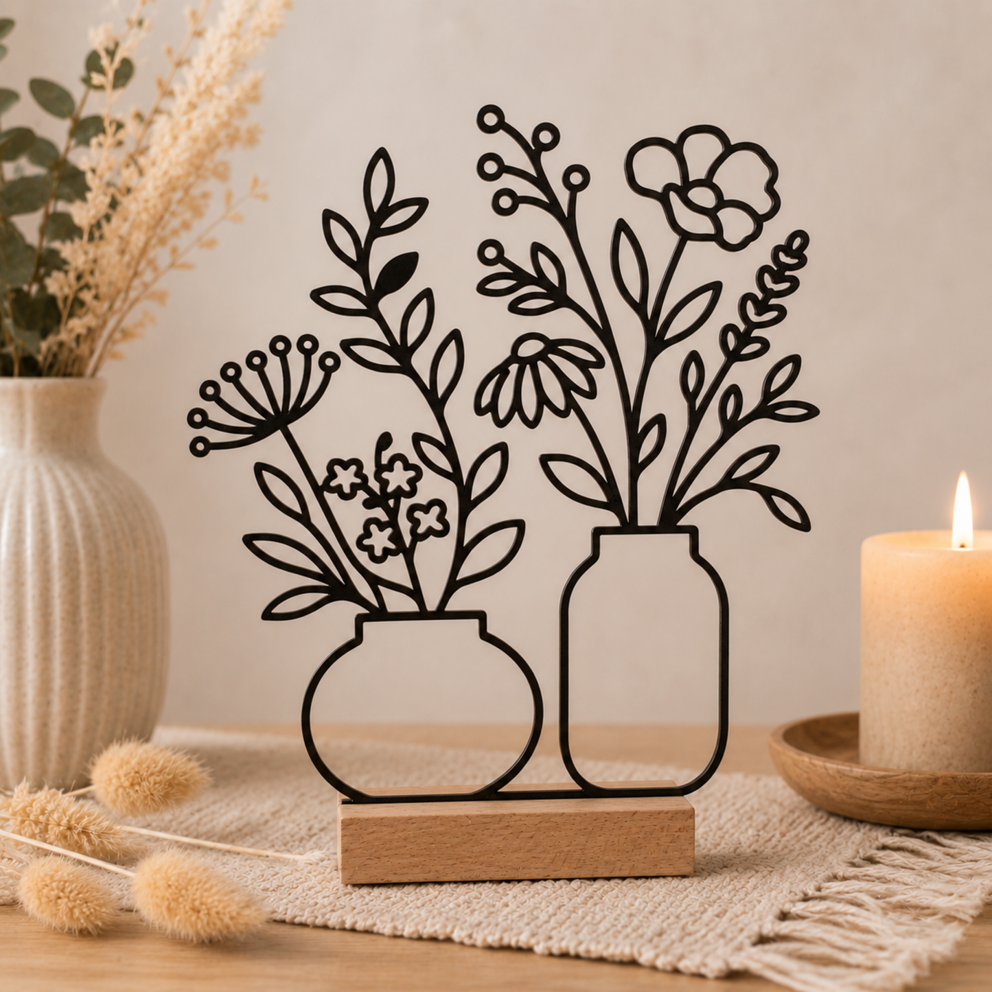 Line Art Blumen Aufsteller  | Moderne florale Dekoration mit 3D Druck erstellt  | Minimalistische Deko mit Holzsockel