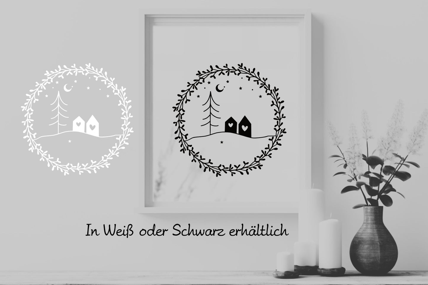 Fensterbild Weihnachten Kranz mit Haus in minimalistischem,  skandinavischen Stil