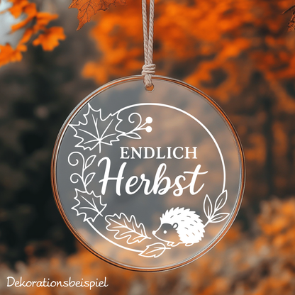 Fensterbild Endlich Herbst mit Igel  , Herbstzeit Deko, Herbstlicher Aufkleber, Fensterdekoration, Herbstdekoration