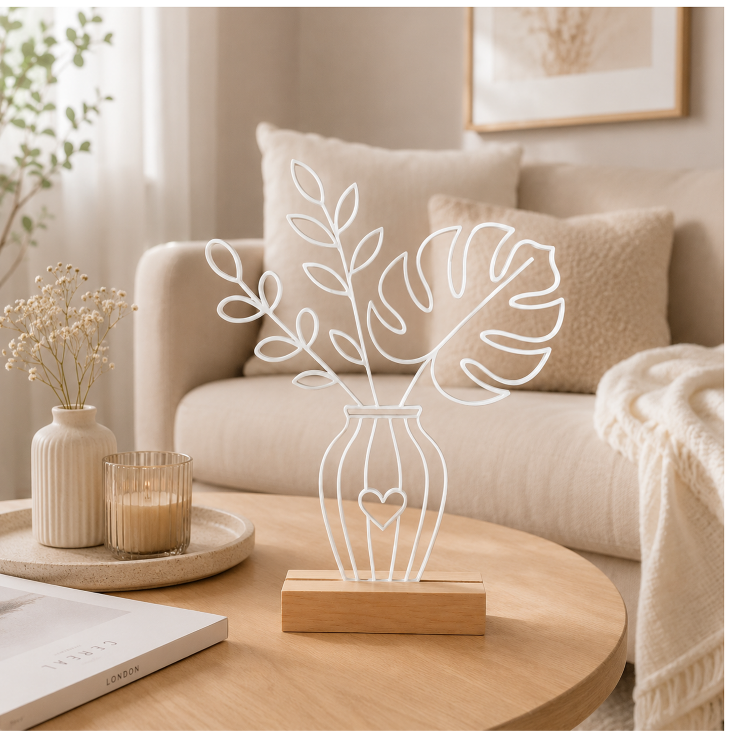 Line Art Blumen Aufsteller Monstera | Moderne Dekoration mit 3D Druck erstellt  | Minimalistische Deko mit Holzsockel