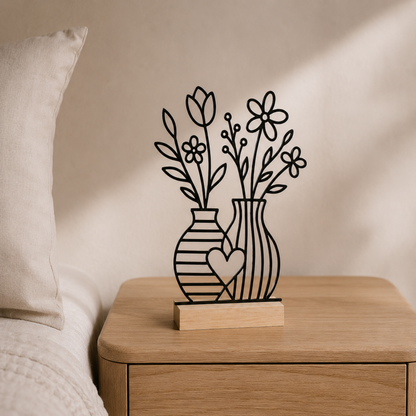 Line Art Blumen Aufsteller | Moderne Dekoration mit 3D Druck erstellt  | Minimalistische Deko mit Holzsockel