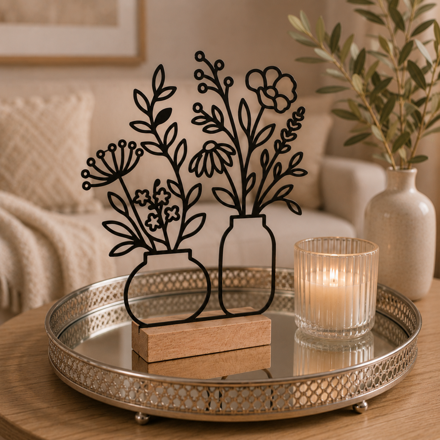 Line Art Blumen Aufsteller  | Moderne florale Dekoration mit 3D Druck erstellt  | Minimalistische Deko mit Holzsockel