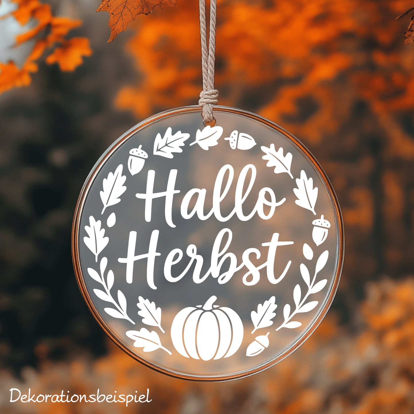 Fensterbild Herbstkranz Aufkleber Hallo Herbst mit Kürbis und Eicheln