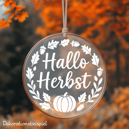 Fensterbild Herbstkranz Aufkleber Hallo Herbst mit Kürbis und Eicheln