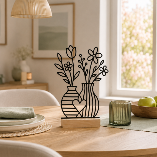 Line Art Blumen Aufsteller | Moderne Dekoration mit 3D Druck erstellt  | Minimalistische Deko mit Holzsockel
