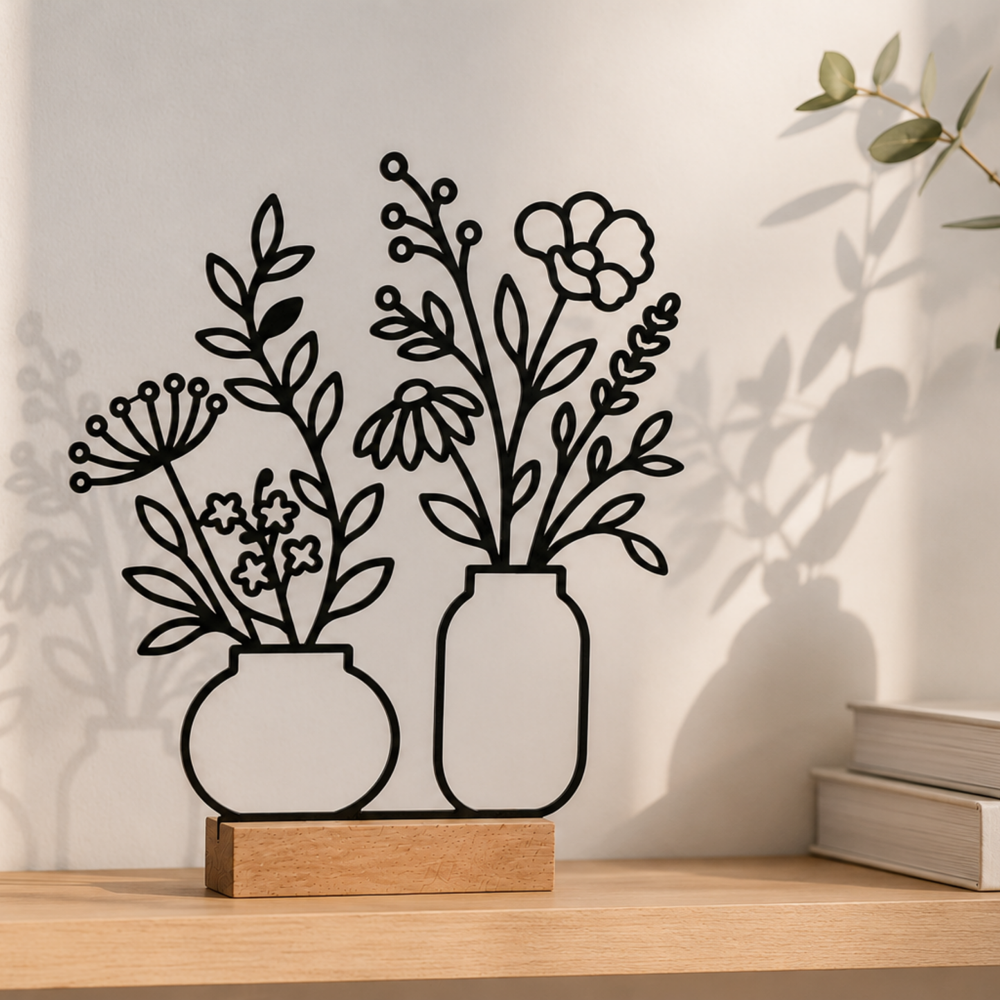 Line Art Blumen Aufsteller  | Moderne florale Dekoration mit 3D Druck erstellt  | Minimalistische Deko mit Holzsockel