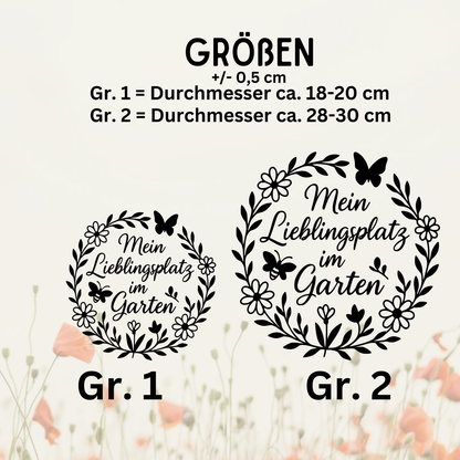 Fensterbild Mein Lieblingsplatz im Garten“ – Vinyl Aufkleber Blumenkranz