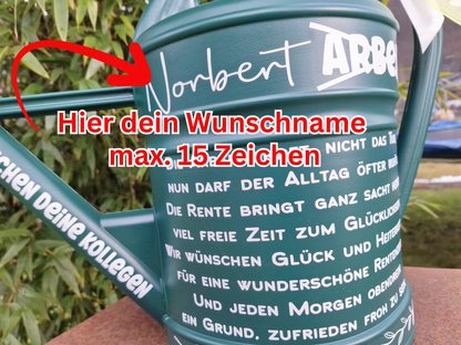 Rentnergeschenk Ruhestand Garten Gießkanne personalisiert mit Namen und Spruch Retro Grün 10 Liter