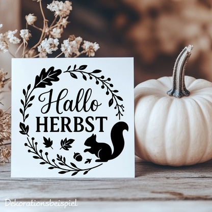 Fensterbild Herbstkranz herbstlicher Aufkleber Vinylaufkleber Hallo Herbst Eichhörnchen