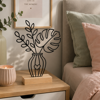 Line Art Blumen Aufsteller Monstera | Moderne Dekoration mit 3D Druck erstellt  | Minimalistische Deko mit Holzsockel