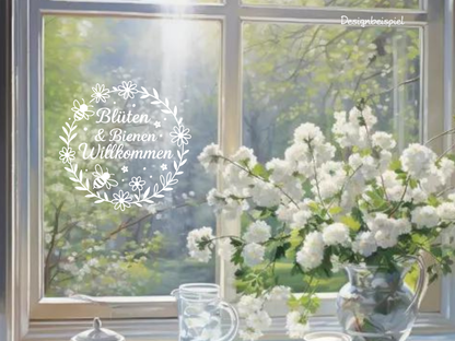 Fensterbild „Bienen & Blumen Willkommen“ – Vinyl Aufkleber für Fenster, Glas & Spiegel | Handgemachte Fensterdeko in 2 Größen & Farben | Frühlings- & Sommerdeko