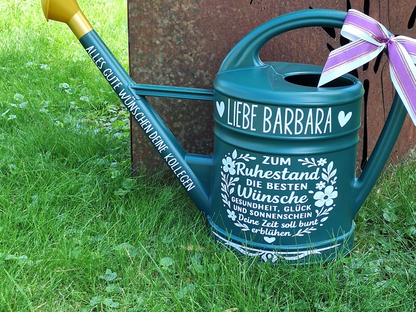 Rente Geschenk zum Ruhestand Garten Gießkanne personalisiert mit Namen und Spruch Landhausstil Grün 10 Liter