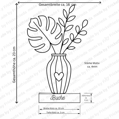Line Art Blumen Aufsteller Monstera | Moderne Dekoration mit 3D Druck erstellt  | Minimalistische Deko mit Holzsockel