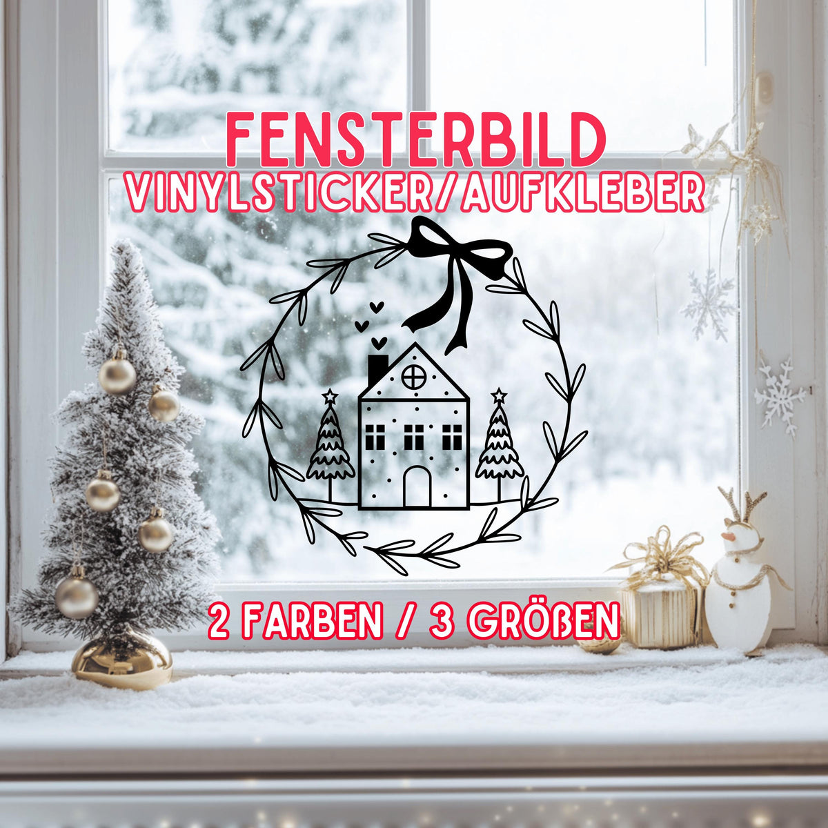 Fensterbild Weihnachtskranz minimalistisch Häuschen Weihnachten Fensterbild Weihnachtsdekoration Sticker Kranz  2 Farben 3 Größen Aufkleber