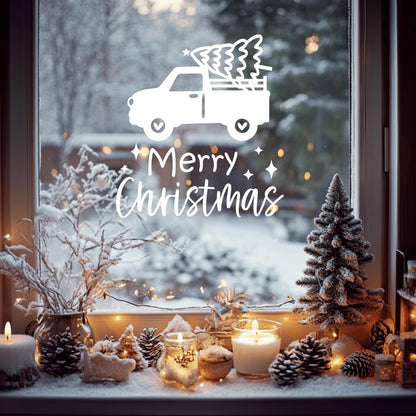 Fensteraufkleber merry christmas Truck mit Tannenbaum Weihnachten Fensterbild Aufkleber Fenstersticker Winterfensterbild Jahreszeiten Deko