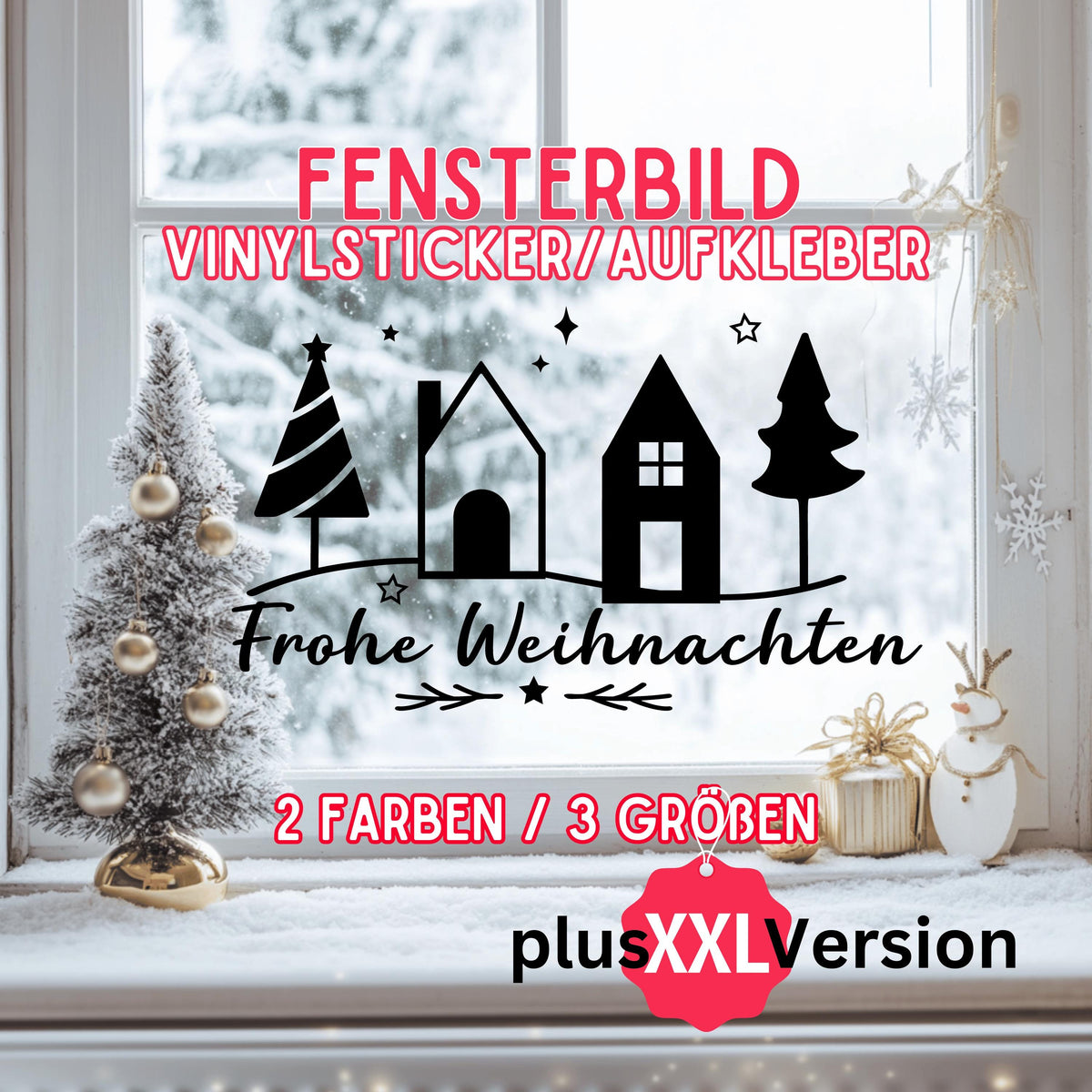 Fensteraufkleber Frohe Weihnachten Häuser Tannen Fensterbild Aufkleber Fenstersticker Jahreszeiten Deko in 3 Größen plus XXL in 2 Farben