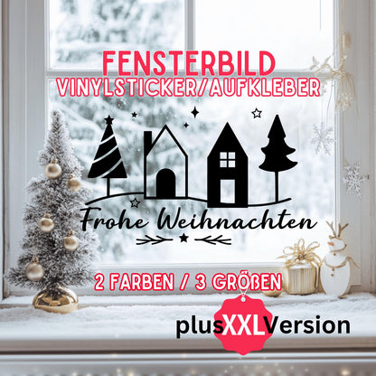 Fensteraufkleber Frohe Weihnachten Häuser Tannen Fensterbild Aufkleber Fenstersticker Jahreszeiten Deko in 3 Größen plus XXL in 2 Farben