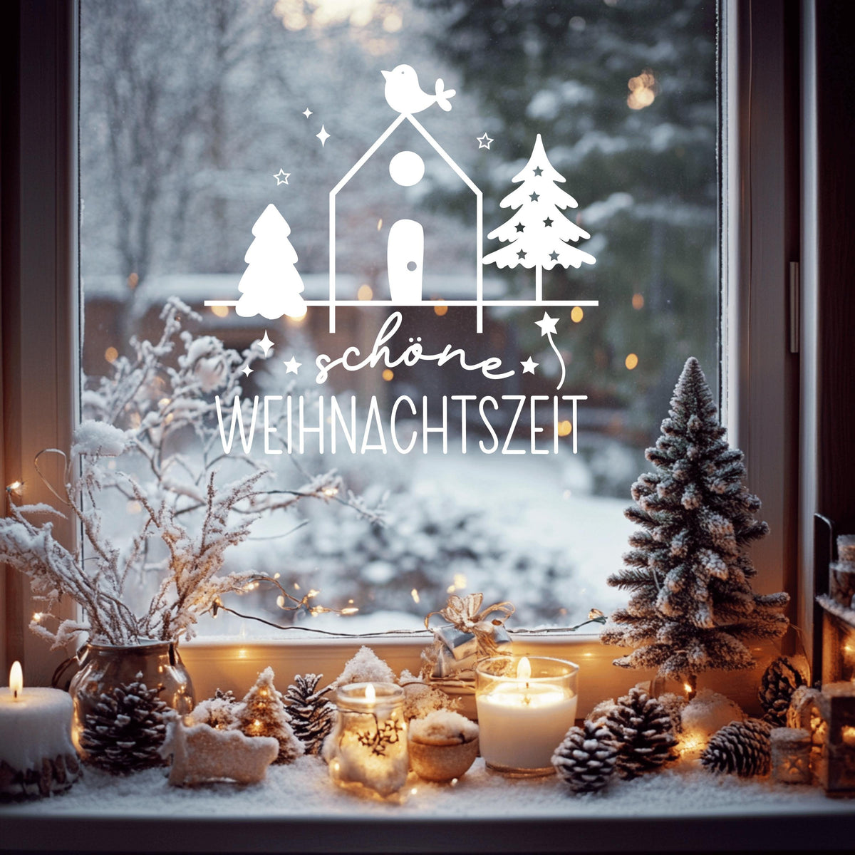 Fensteraufkleber schöne Weihnachtszeit Vogel Häuschen Weihnachten Fensterbild Aufkleber Fenstersticker Winter Deko in 2 Farben 3 Größen