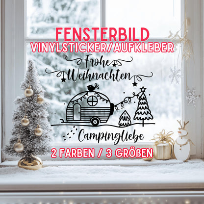 Fensterbild Camper Fensteraufkleber Campingliebe Frohe Weihnachten Aufkleber Fenstersticker Deko Advent und Winter Sticker 3 Größen 2 Farben
