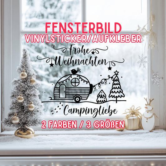 Fensterbild Camper Fensteraufkleber Campingliebe Frohe Weihnachten Aufkleber Fenstersticker Deko Advent und Winter Sticker 3 Größen 2 Farben
