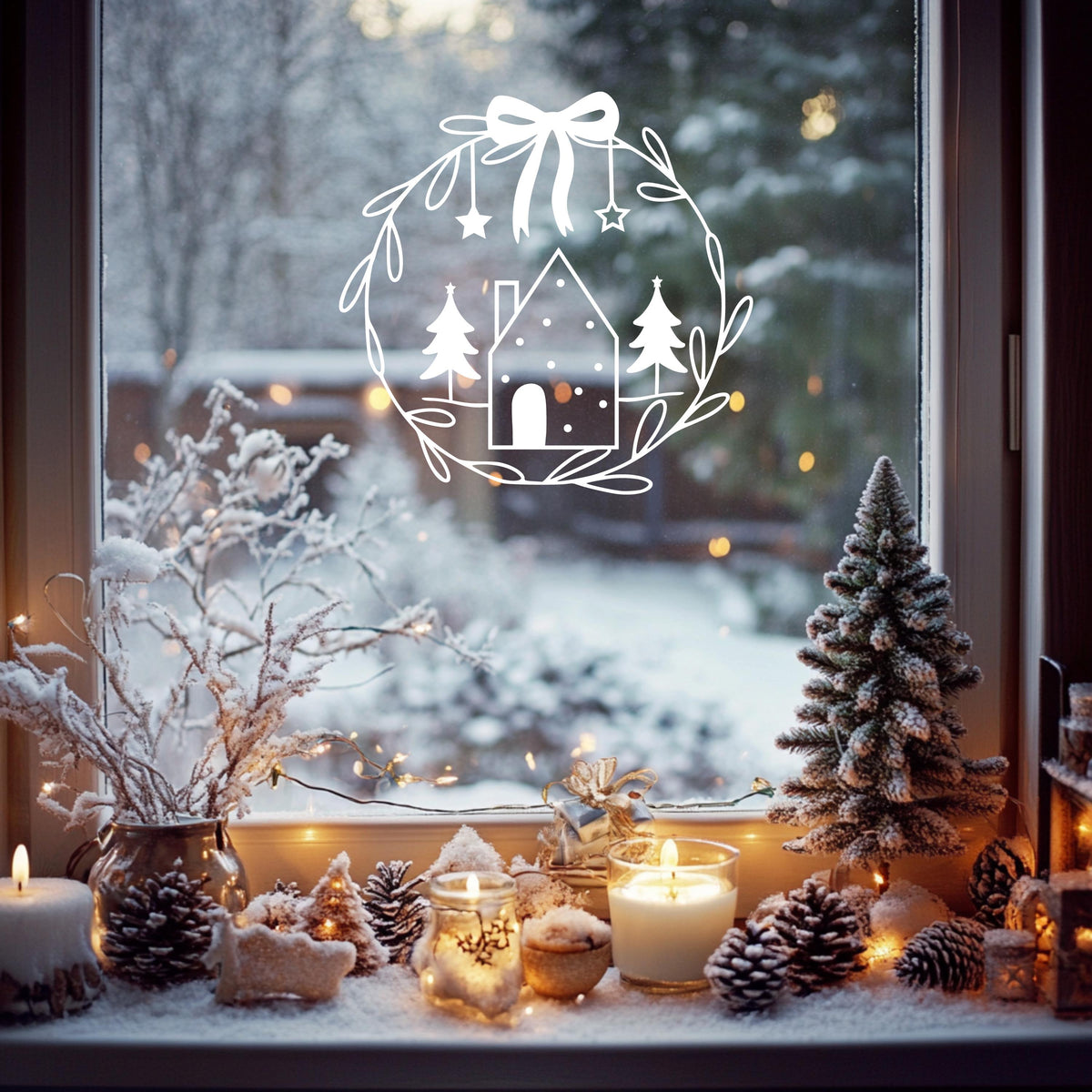 Weihnachtsfensterbild minimalistisch Häuschen Weihnachten Fensterbild Weihnachtsdekoration Sticker Kranz  2 Farben 3 Größen Aufkleber