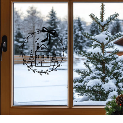 Fensterbild Weihnachtskranz minimalistisch Häuschen Weihnachten Fensterbild Weihnachtsdekoration Sticker Kranz  2 Farben 3 Größen Aufkleber