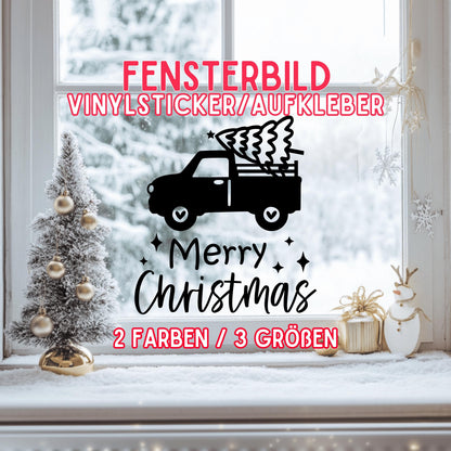 Fensteraufkleber merry christmas Truck mit Tannenbaum Weihnachten Fensterbild Aufkleber Fenstersticker Winterfensterbild Jahreszeiten Deko