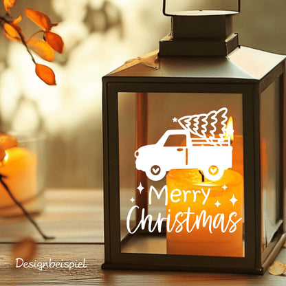 Fensteraufkleber merry christmas Truck mit Tannenbaum Weihnachten Fensterbild Aufkleber Fenstersticker Winterfensterbild Jahreszeiten Deko