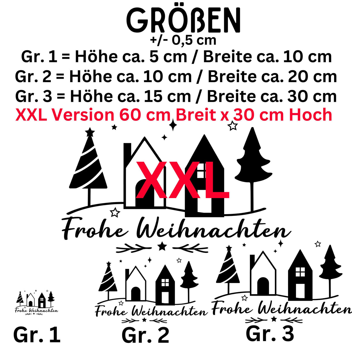 Fensteraufkleber Frohe Weihnachten Häuser Tannen Fensterbild Aufkleber Fenstersticker Jahreszeiten Deko in 3 Größen plus XXL in 2 Farben