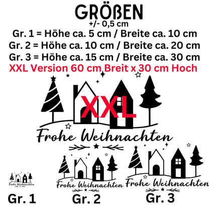 Fensteraufkleber Frohe Weihnachten Häuser Tannen Fensterbild Aufkleber Fenstersticker Jahreszeiten Deko in 3 Größen plus XXL in 2 Farben