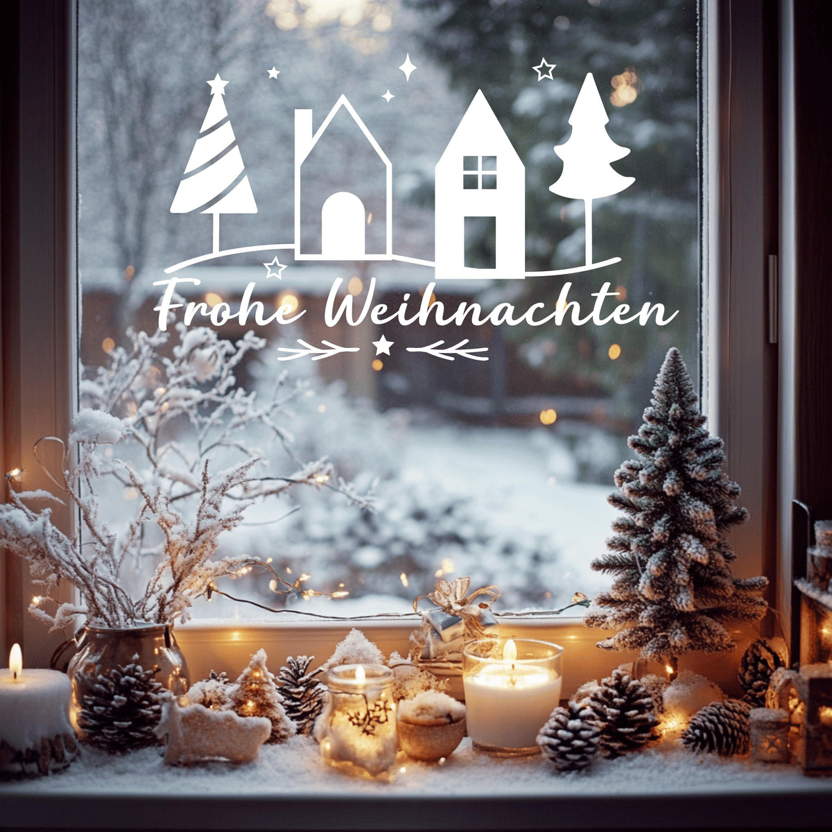 Fensteraufkleber Frohe Weihnachten Häuser Tannen Fensterbild Aufkleber Fenstersticker Jahreszeiten Deko in 3 Größen plus XXL in 2 Farben