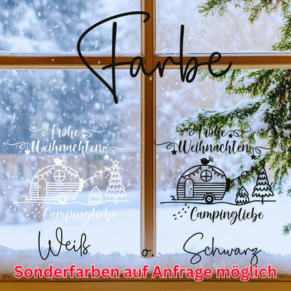 Fensterbild Camper Fensteraufkleber Campingliebe Frohe Weihnachten Aufkleber Fenstersticker Deko Advent und Winter Sticker 3 Größen 2 Farben